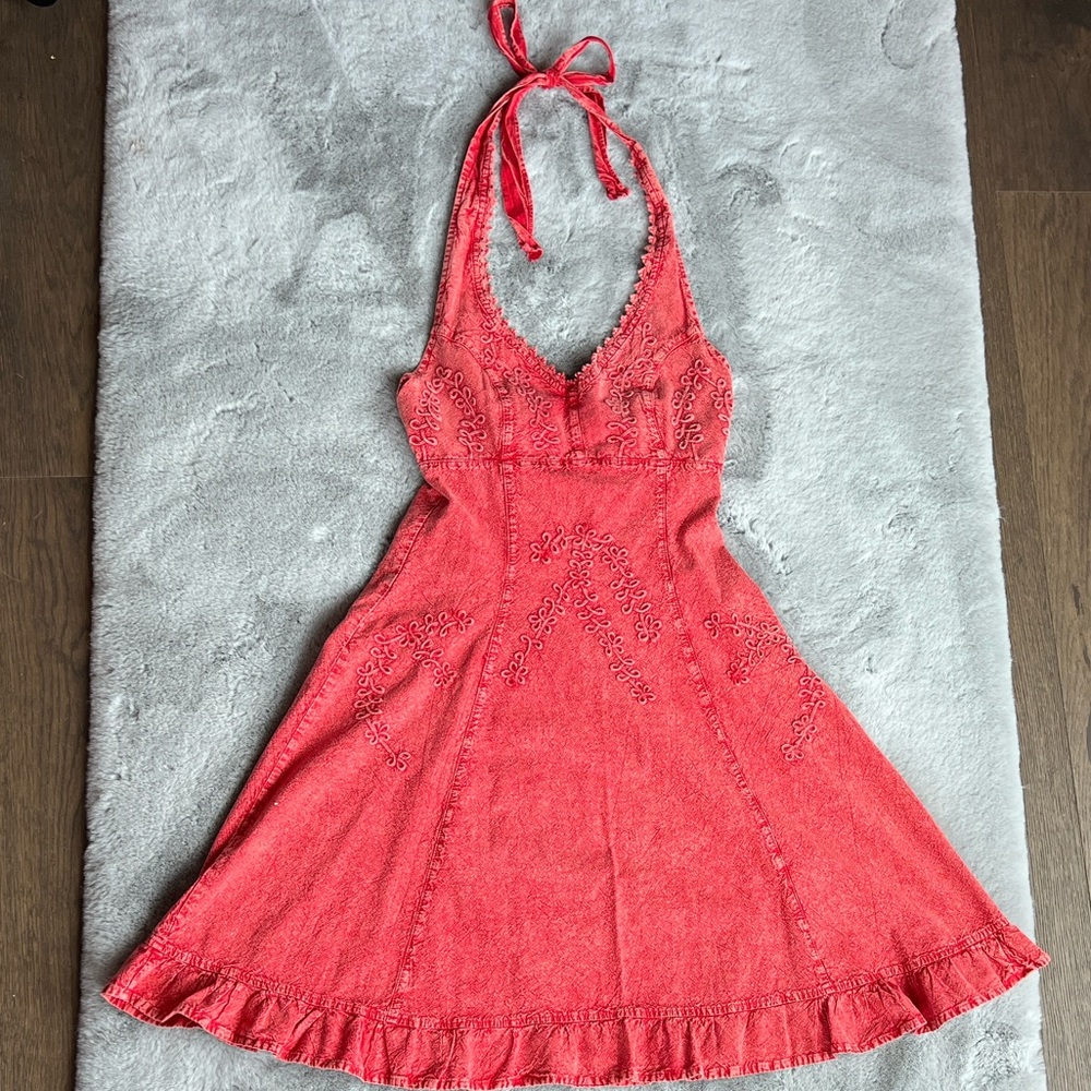 Scully Cantina Collection Red Halter Dress with Embroidered Details